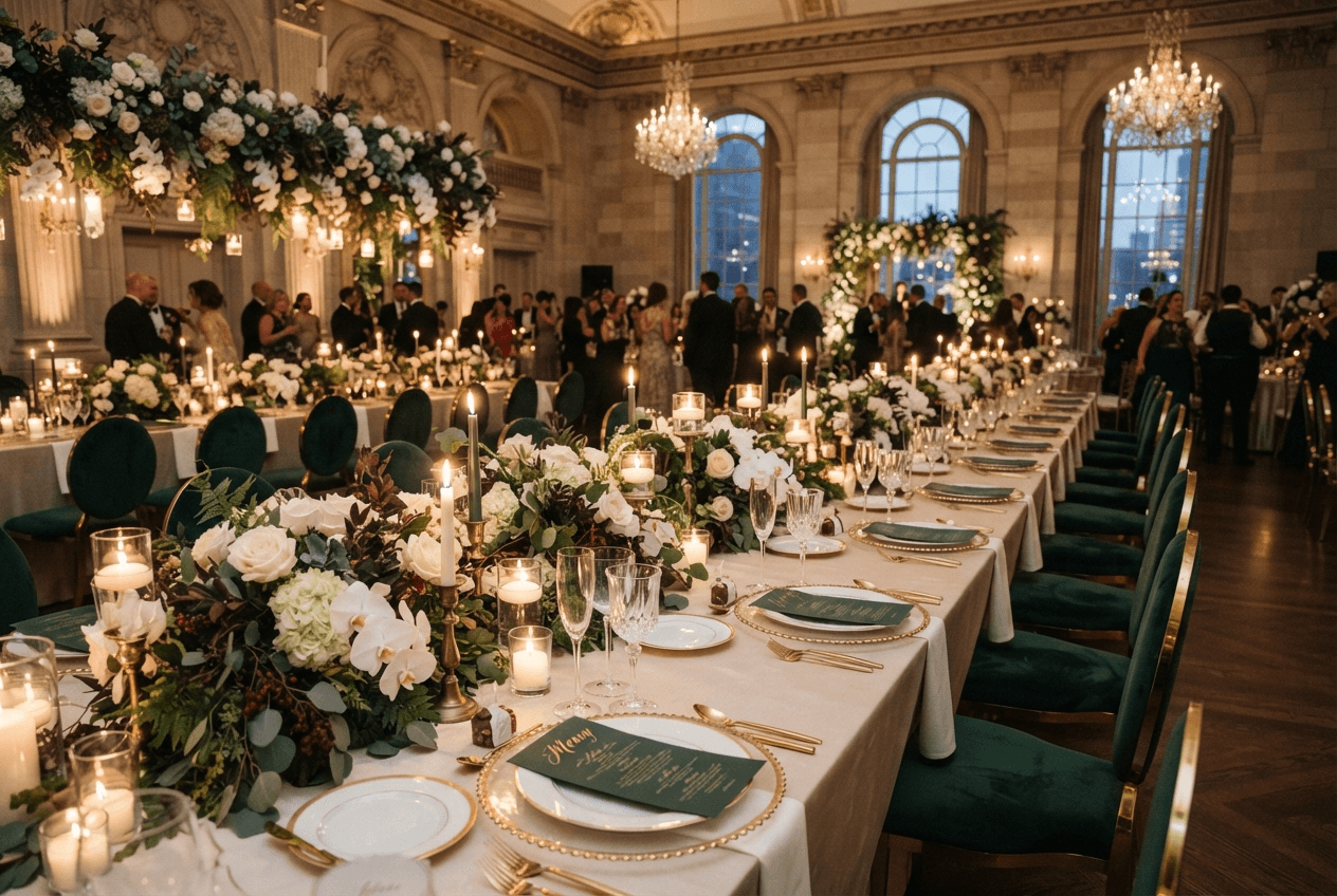 Luxury reception table with crystal glassware and floral styling